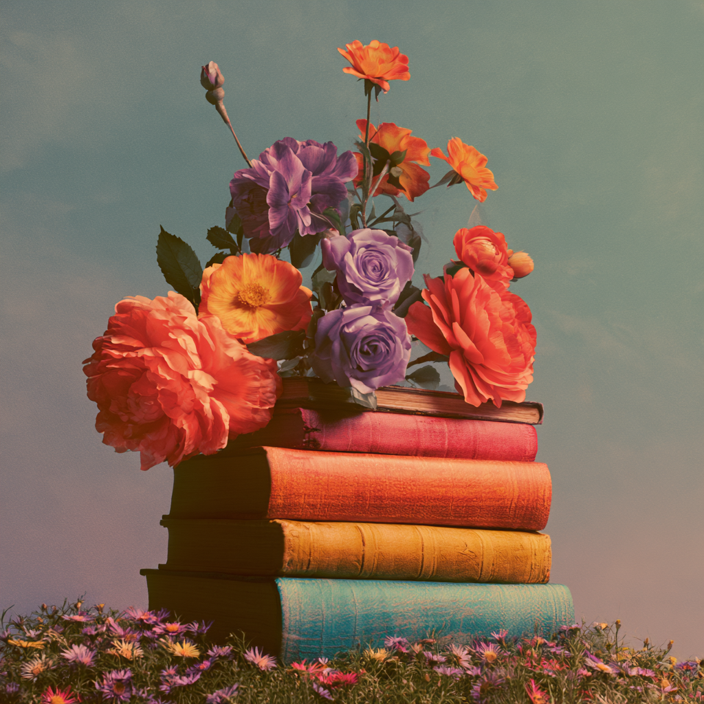 Ilustración de libros y flores para las ferias del libro de Uve Books